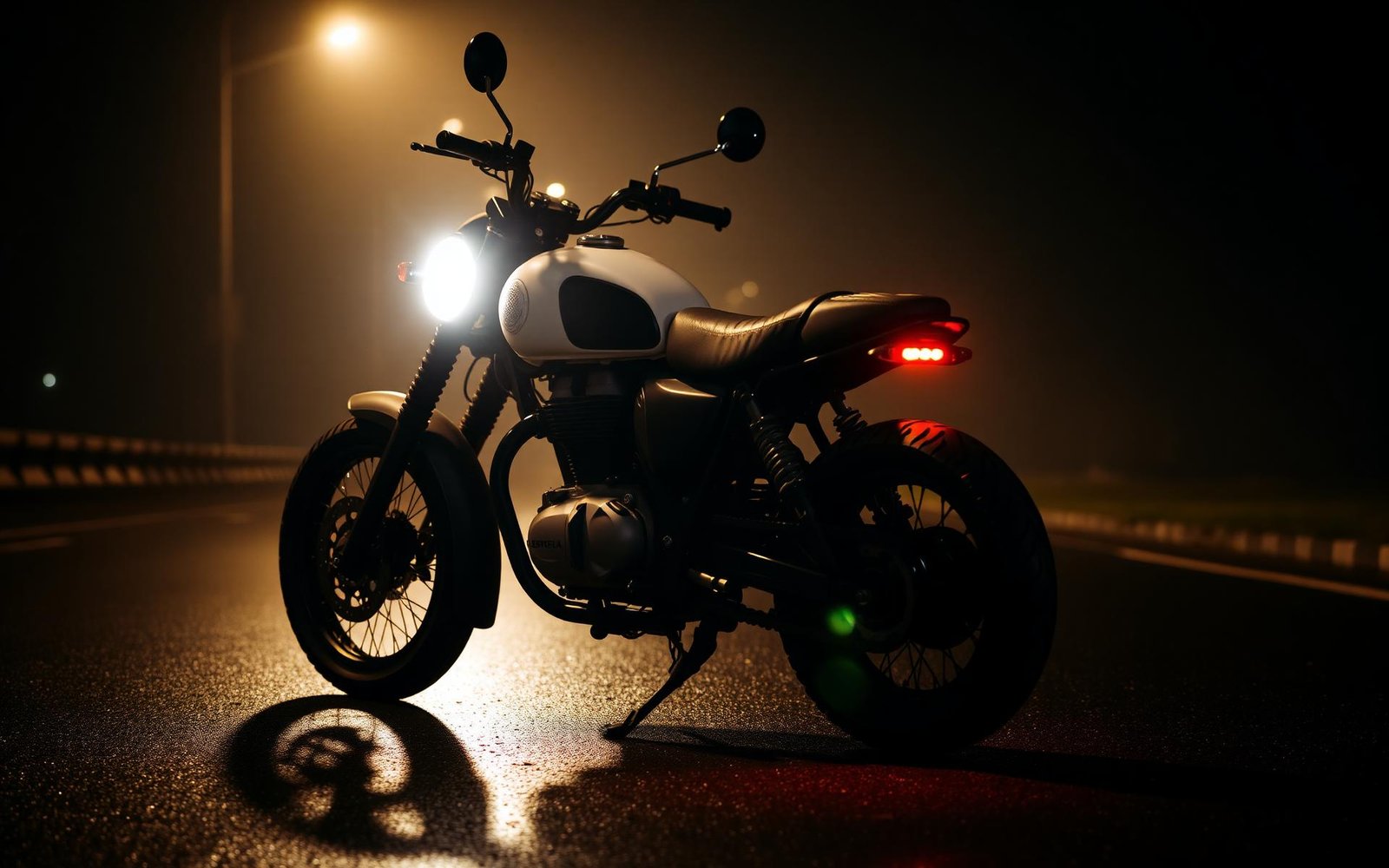 ROYAL ENFIELD scrambler on wet asphalt at night